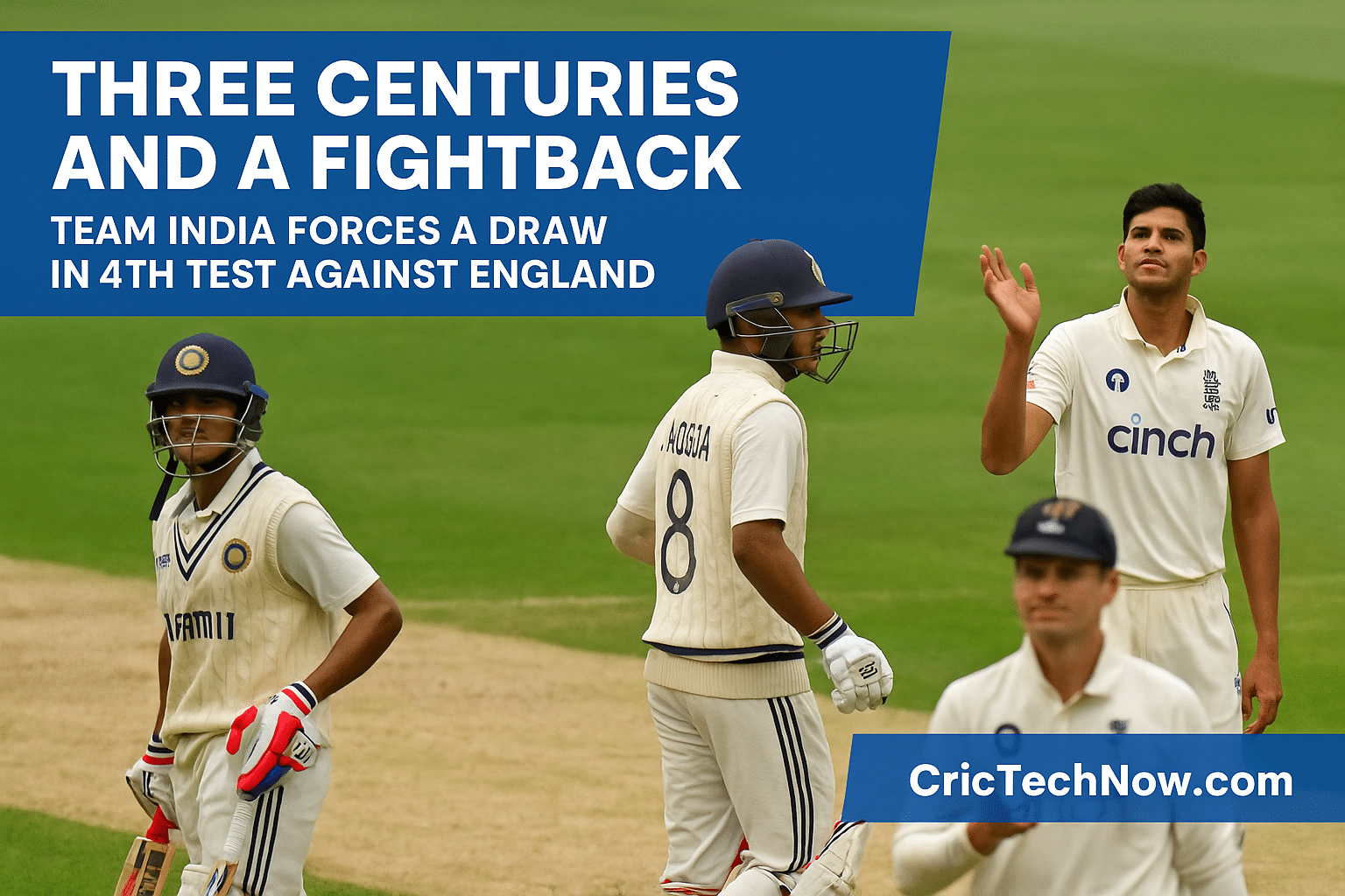 Three Indian cricketers including Shubman Gill and Ravindra Jadeja walking off the field during the 4th Test against England, with bold text highlighting India's draw.