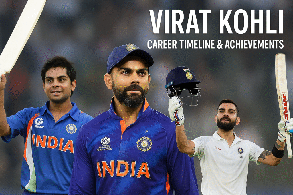 Virat Kohli in three phases of his cricket career – from U-19 player to Indian national captain to Test cricket icon – with title text ‘Virat Kohli Career Timeline & Achievements’
