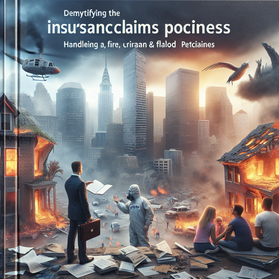 A cityscape depicting fire, hurricane, and flood damage, with a public adjuster helping a homeowner and a family discussing an insurance appeal. Title: Demystifying the Insurance Claims Process.
