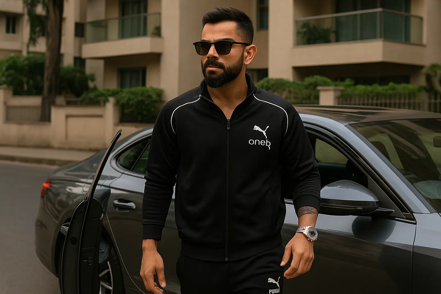 Virat Kohli steps out of a luxury car wearing PUMA one8 tracksuit and Rolex Daytona watch