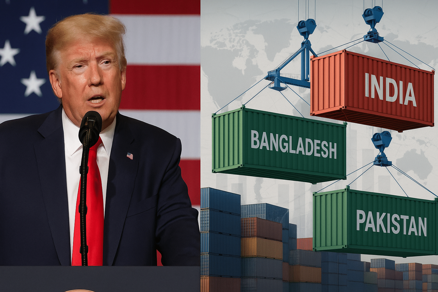 Donald Trump speaking at podium with U.S. flag, trade containers labeled India, Bangladesh, Pakistan in background