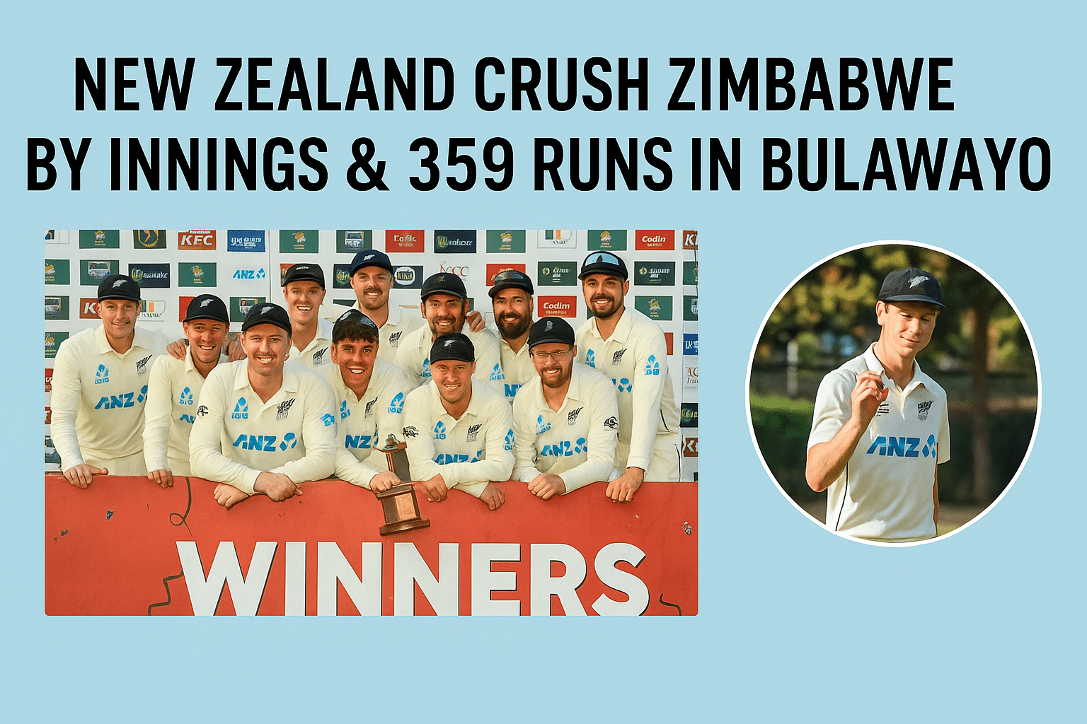 New Zealand cricket team celebrates record-breaking Test win over Zimbabwe in Bulawayo, August 2025.