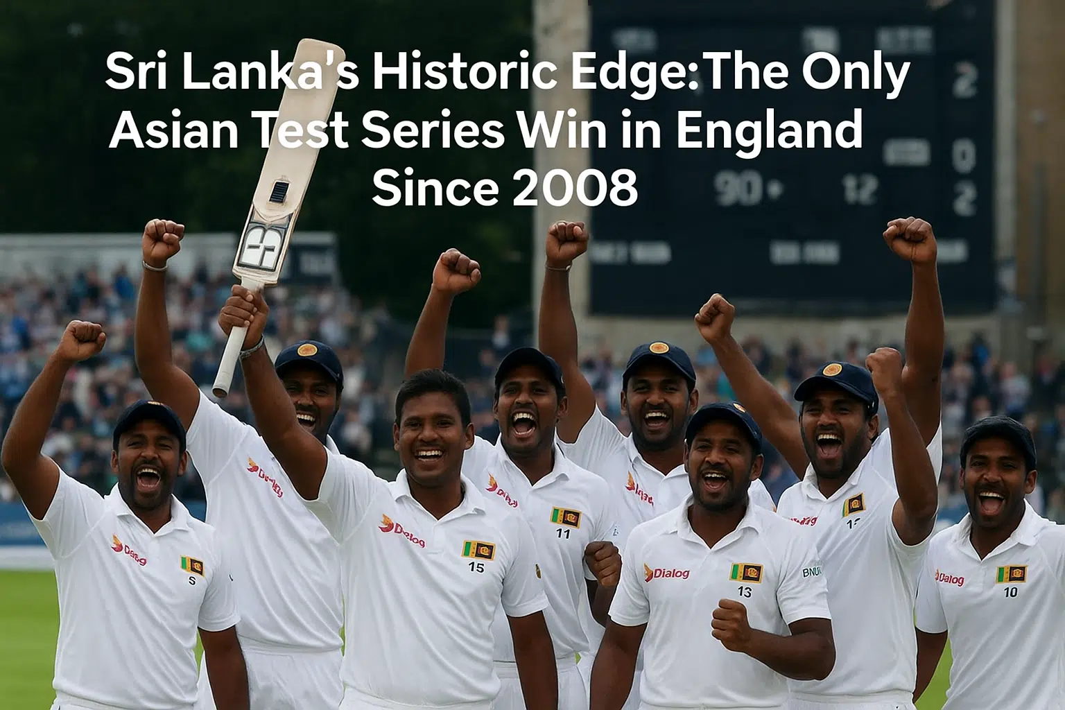 Sri Lanka cricket team celebrating their historic Test series win in England, 2025, with players raising hands and smiling