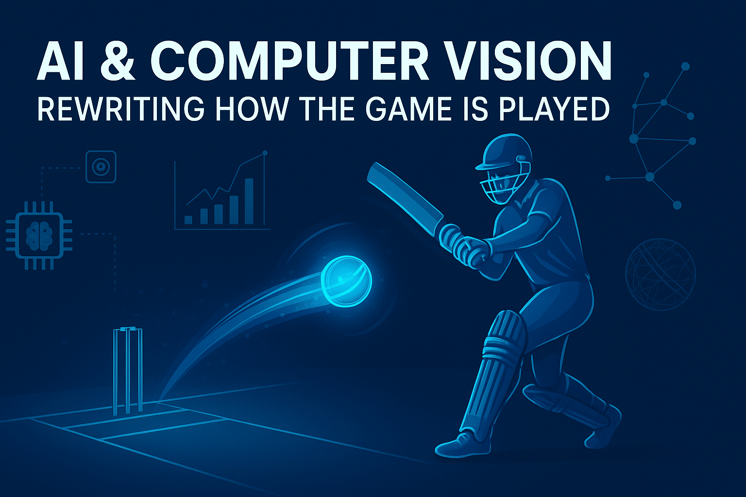 Digital illustration of a cricket batsman with glowing ball and data overlays, showing AI and computer vision technology in IPL 2025.