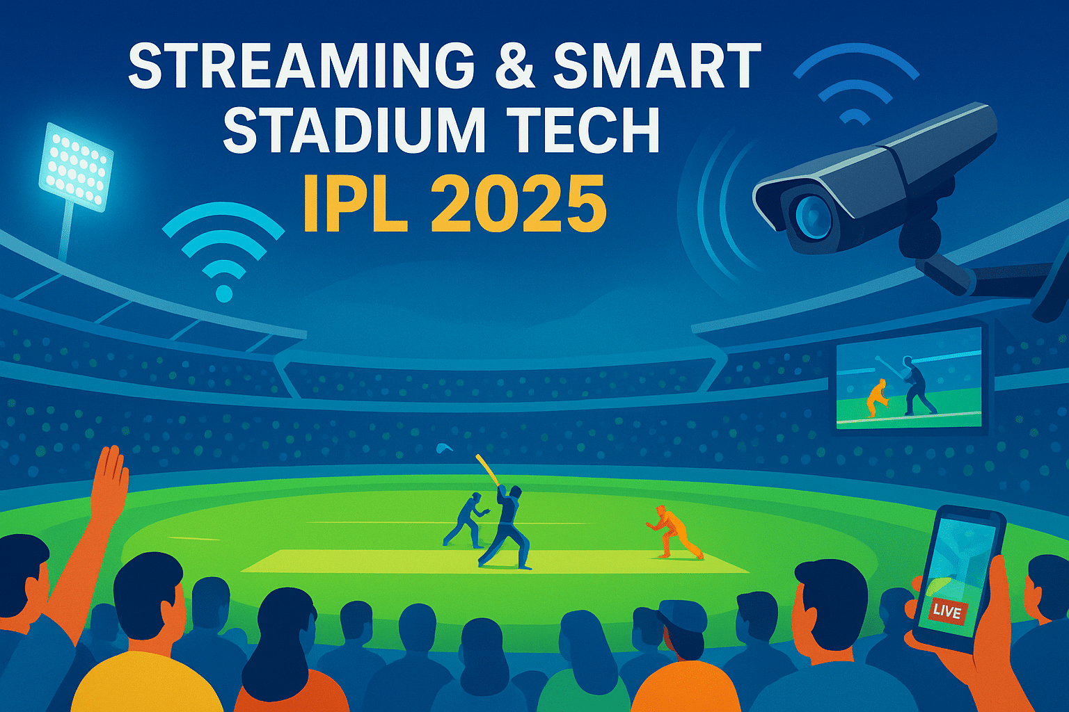 Digital illustration of IPL 2025 smart stadium technology with streaming, live cameras, and fans connected through modern tech.