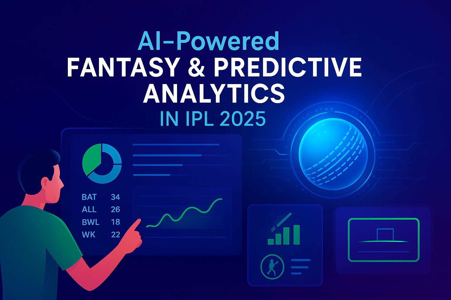 Digital illustration showing AI-powered fantasy cricket and predictive analytics dashboard for IPL 2025 with futuristic elements.