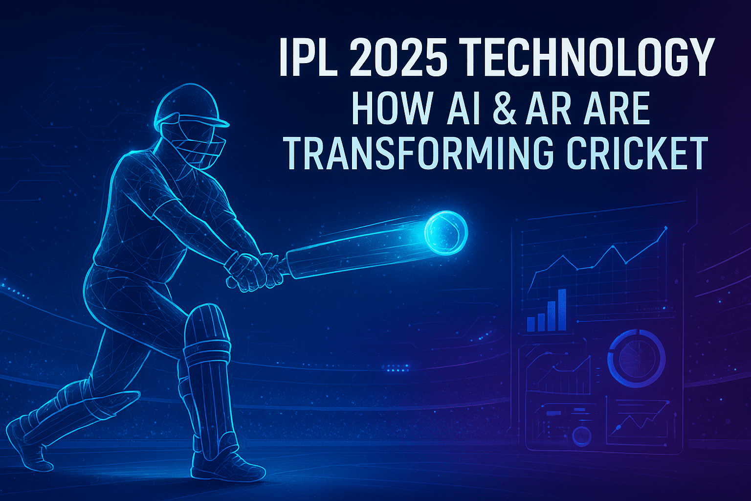 Modern digital illustration of IPL 2025 technology featuring AI ball-tracking, AR overlays, and futuristic cricket visuals with a reel-like cinematic style.