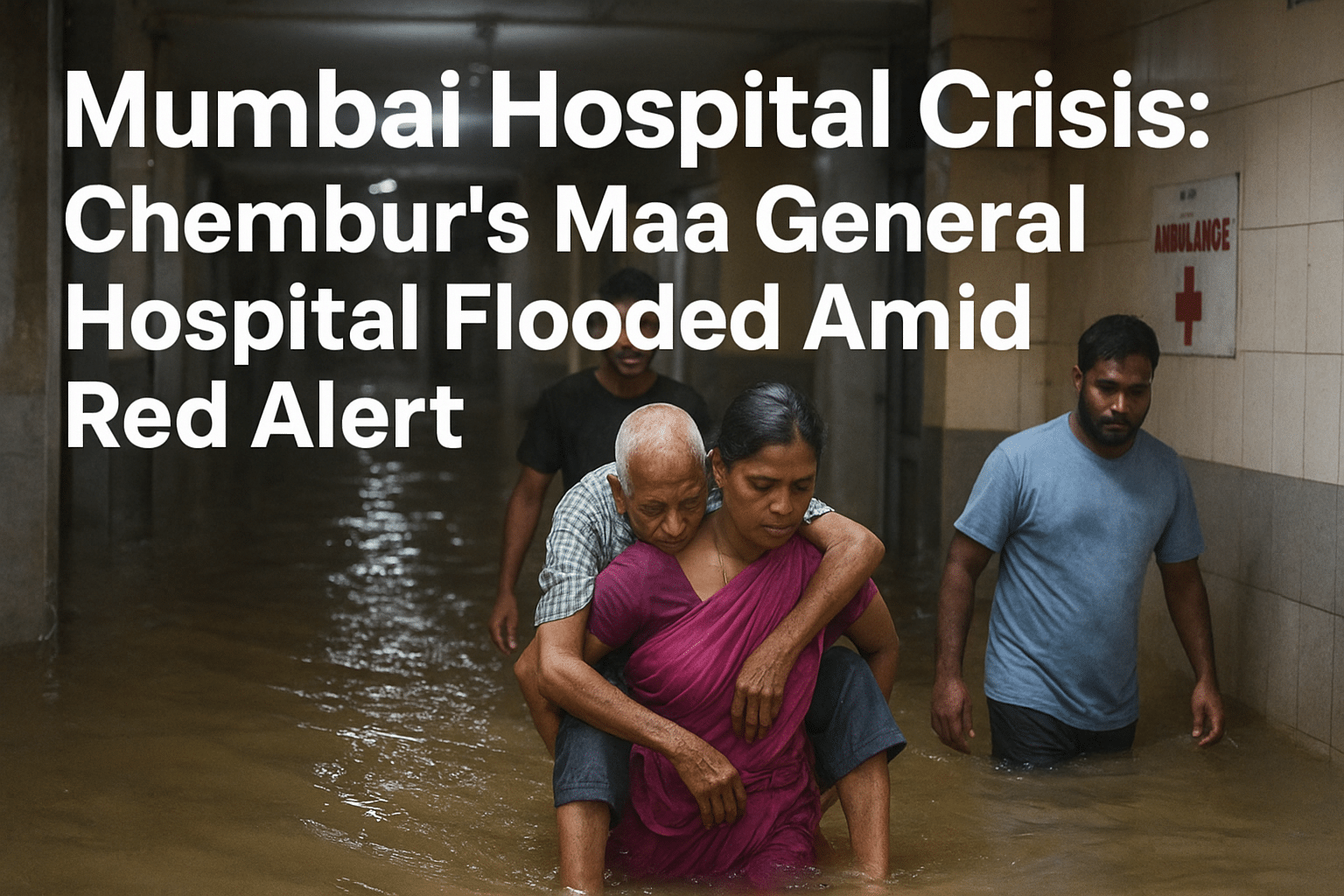 Flooded corridor at Maa General Hospital, Chembur, during Mumbai rains, with a woman carrying a patient on her back amid rising water.