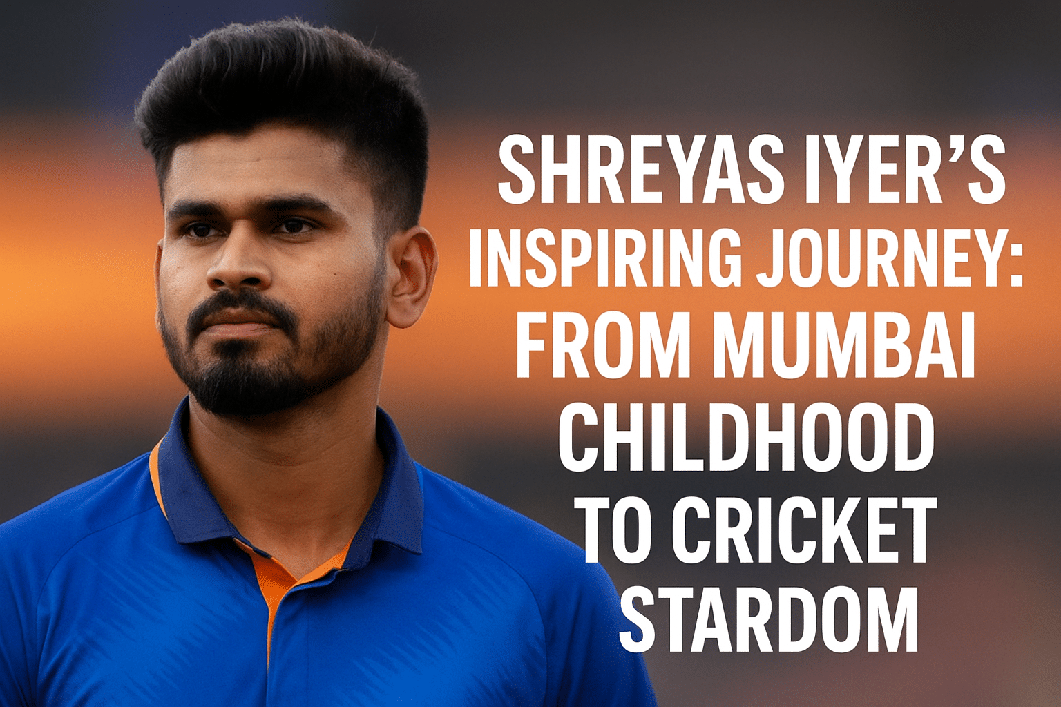 Shreyas Iyer in cricket jersey, representing his journey from Mumbai childhood to cricket stardom.