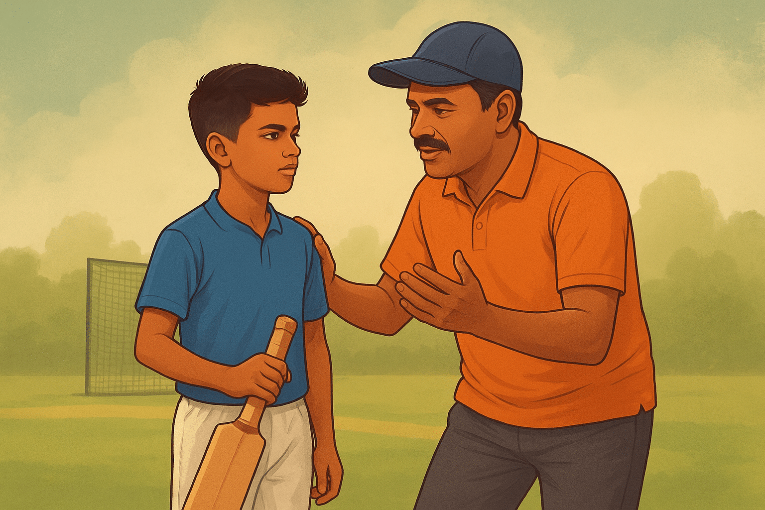 Young Shreyas Iyer receiving guidance from his first coach Pravin Amre during cricket training.