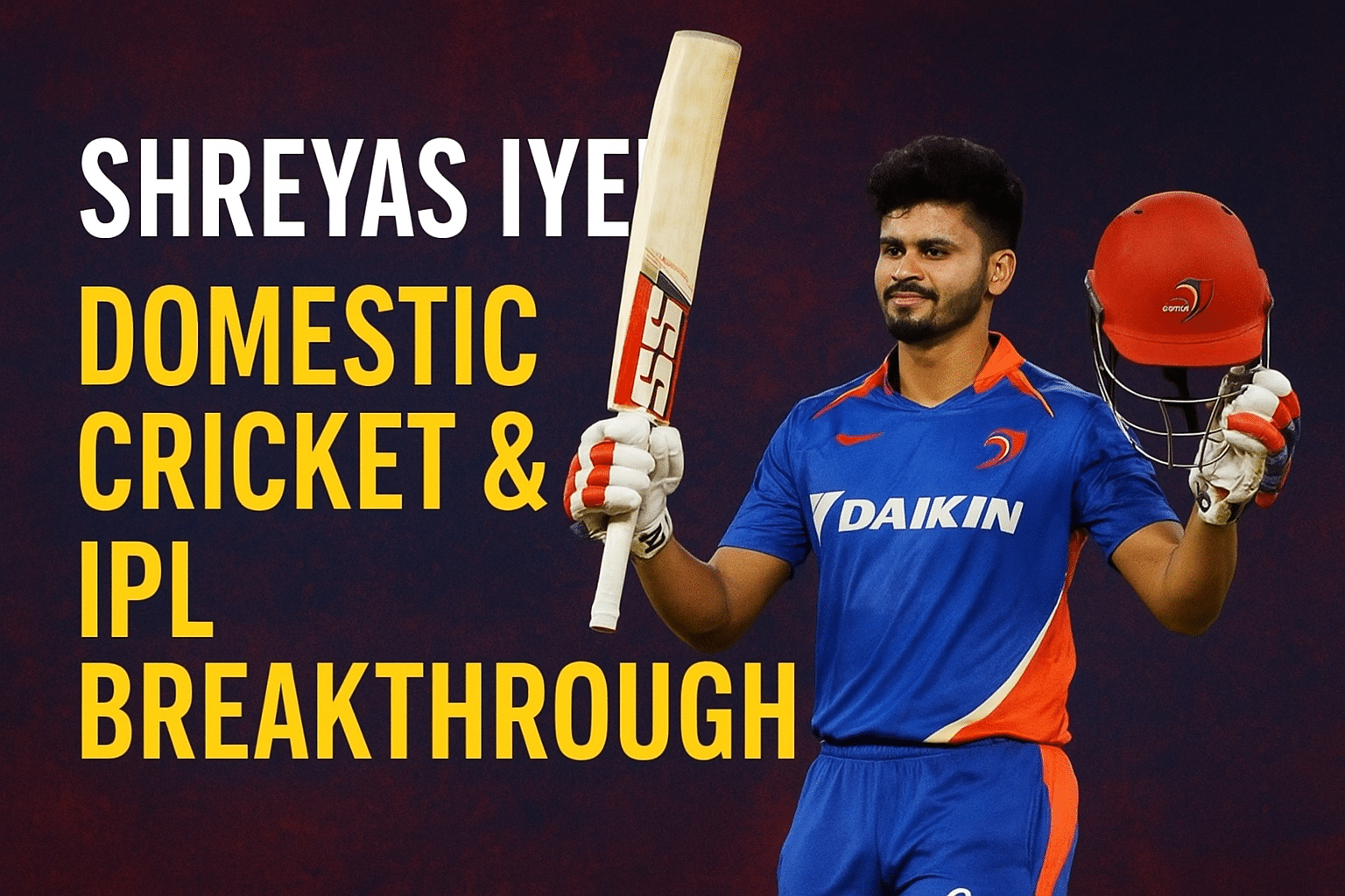 Shreyas Iyer celebrating milestone in IPL with bat and helmet raised.