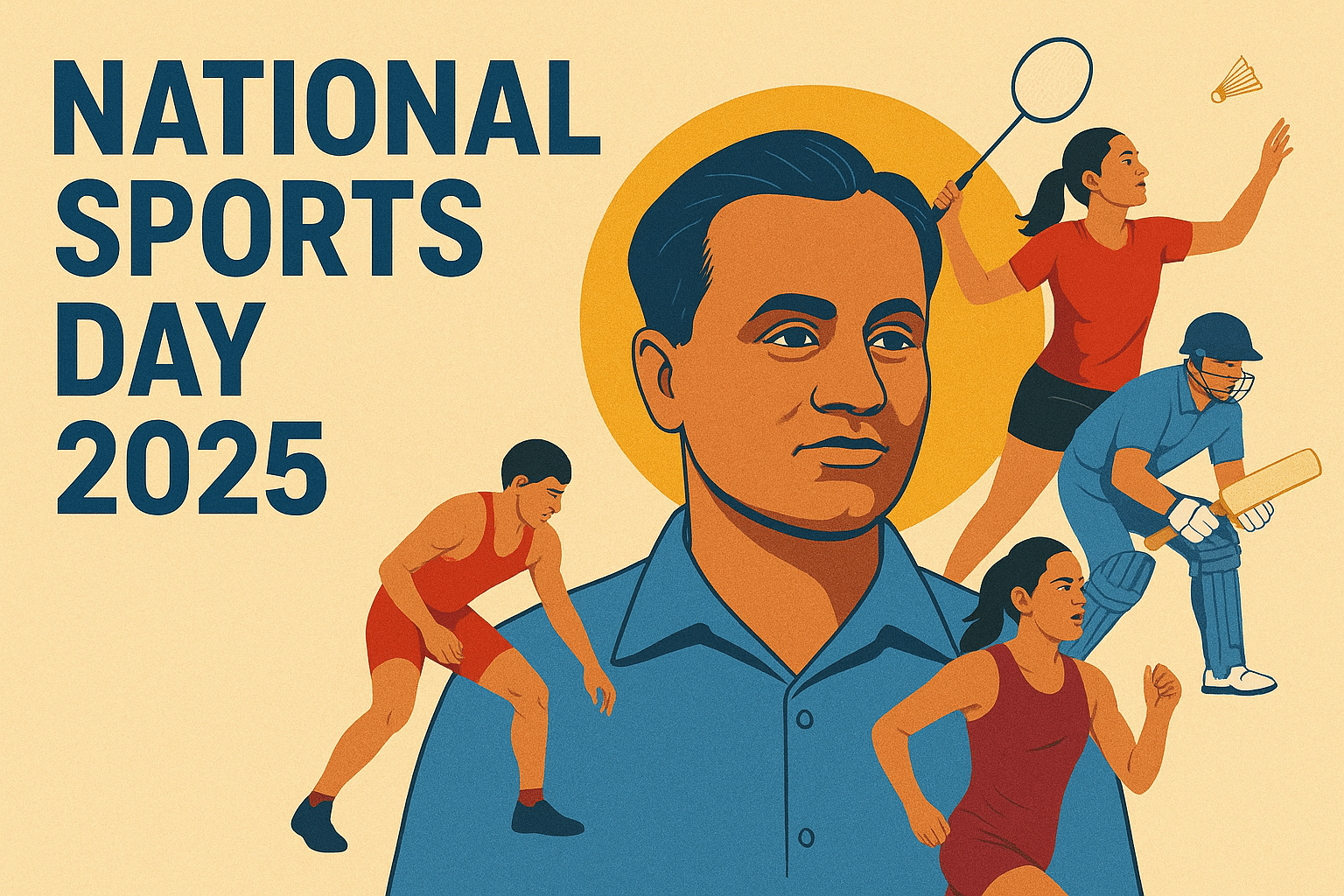 Illustration of Major Dhyan Chand with athletes playing cricket, badminton, wrestling, and running, celebrating National Sports Day 2025.