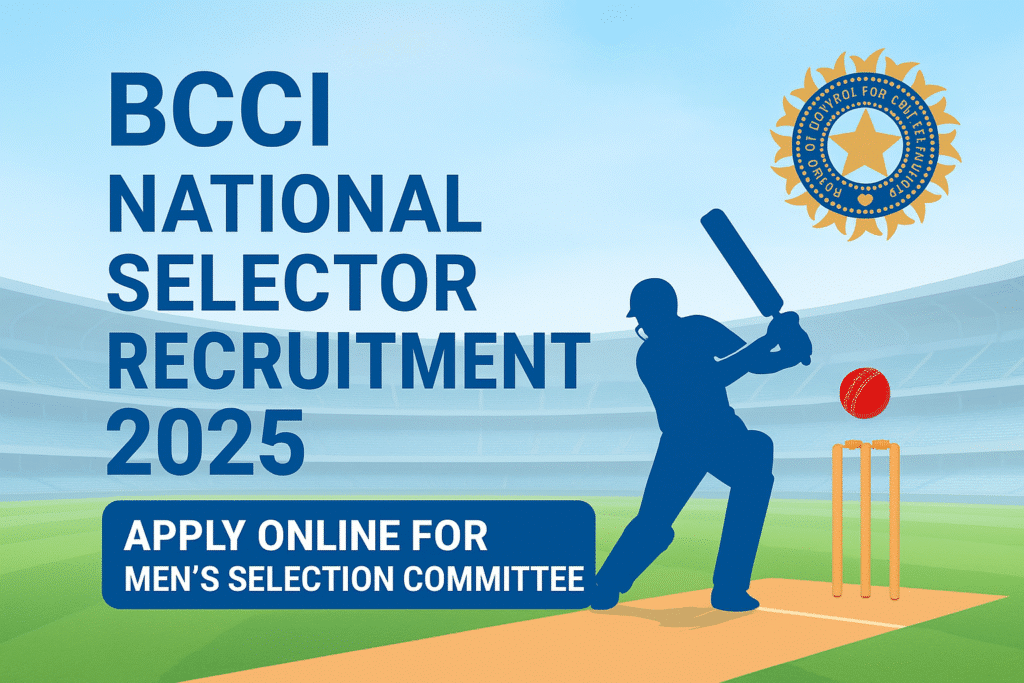 BCCI National Selector Recruitment 2025 feature image with official logo, cricket player silhouette, and