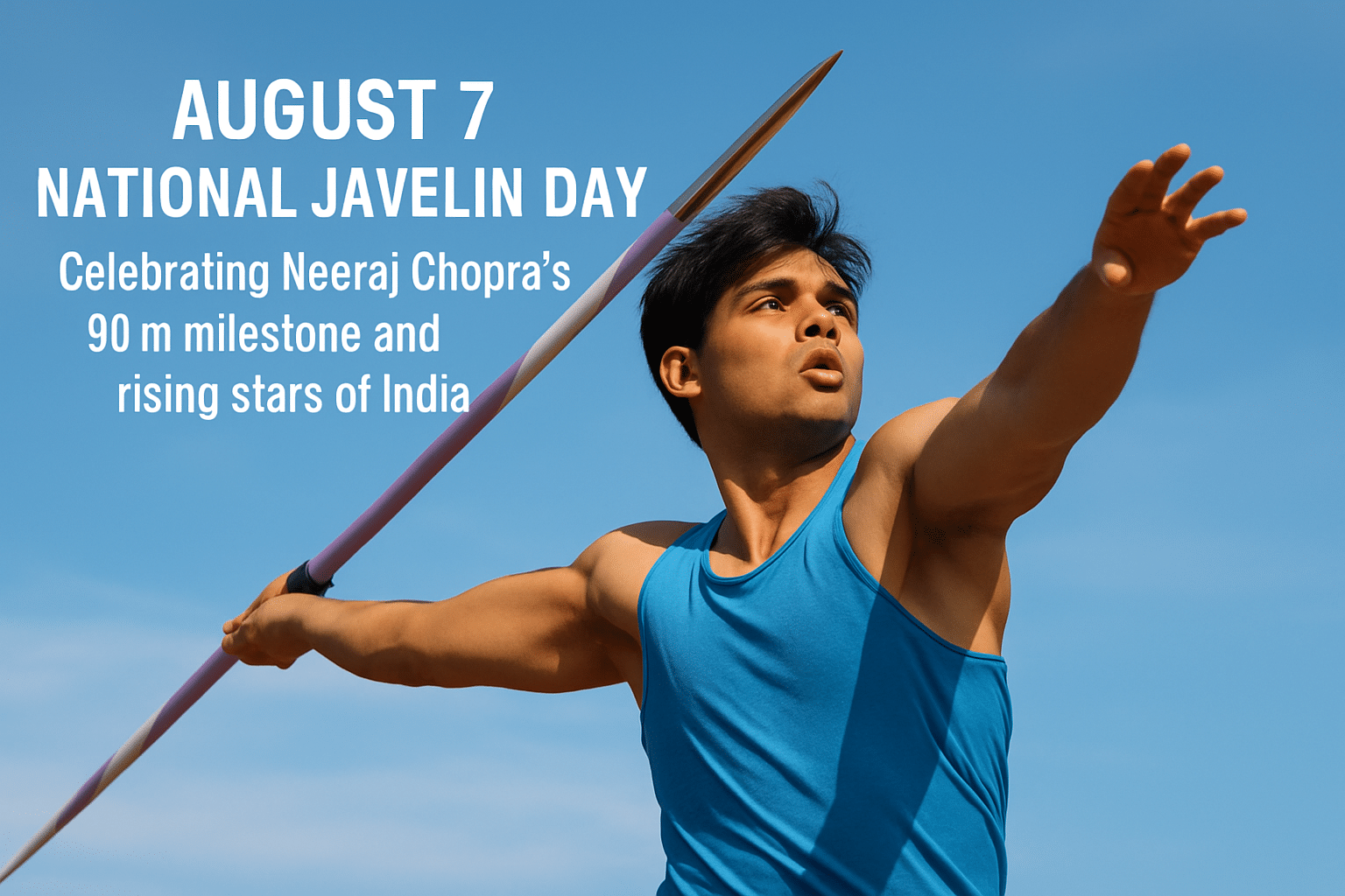 Indian javelin thrower mid-throw under clear skies