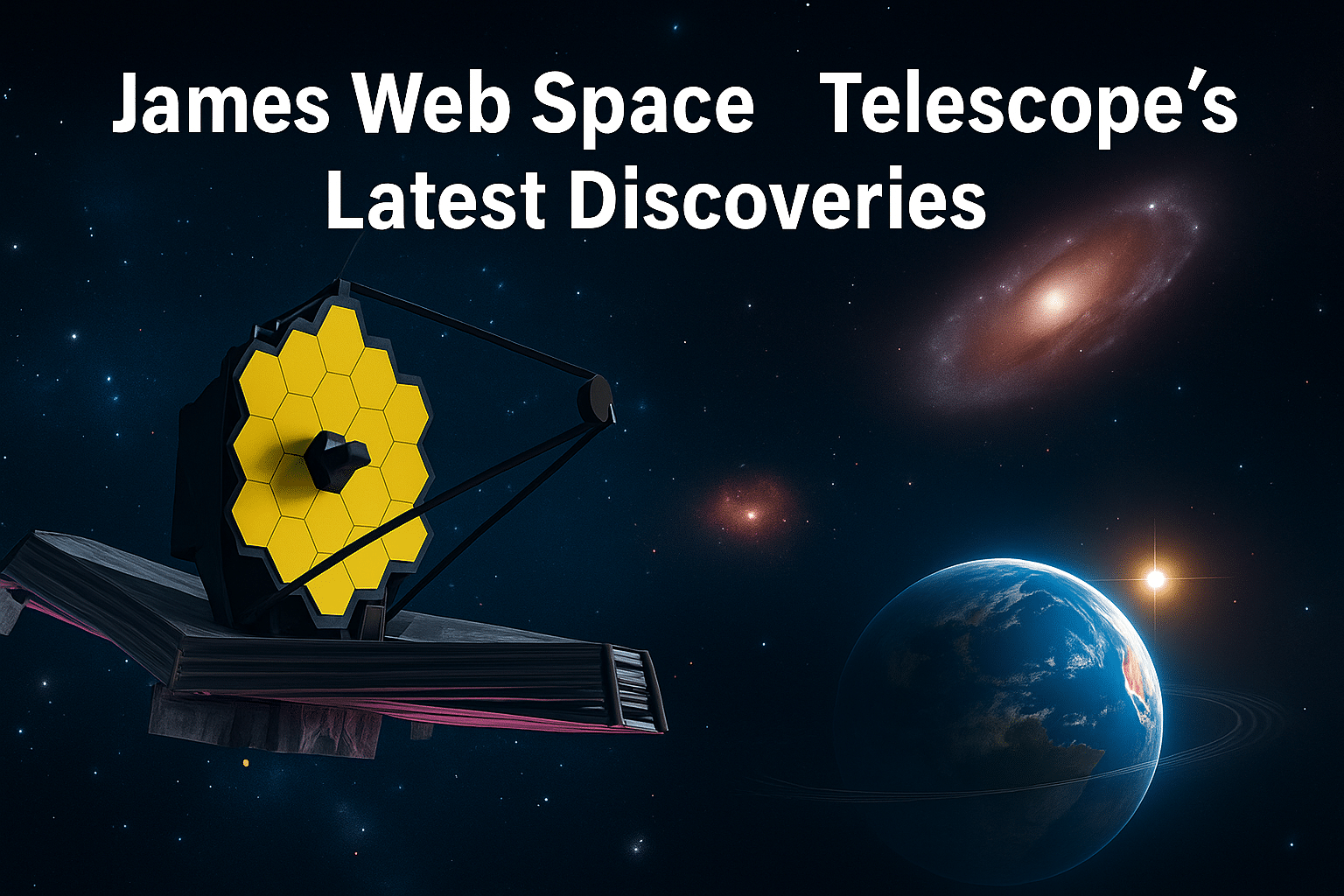 Illustration of the James Web Space Telescope in deep space with its golden hexagonal mirror, Earth, galaxies, and a bright star in the background.
