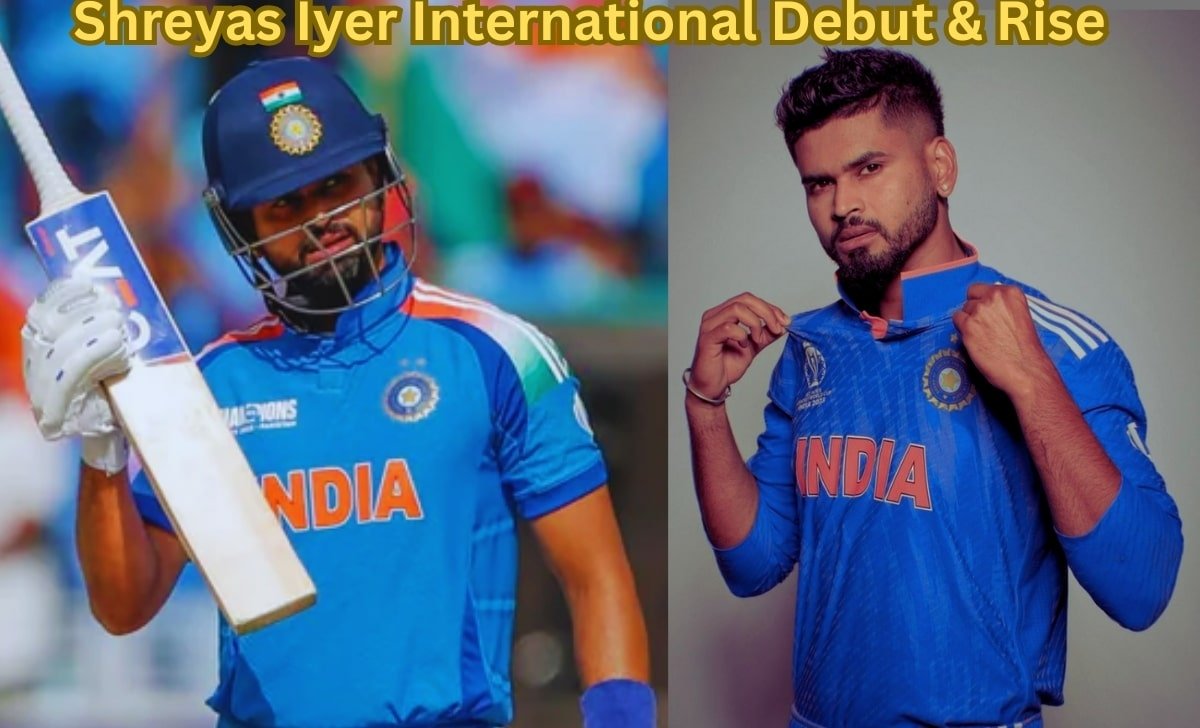 Shreyas Iyer celebrating in Indian jersey during his international debut and rise in cricket.
