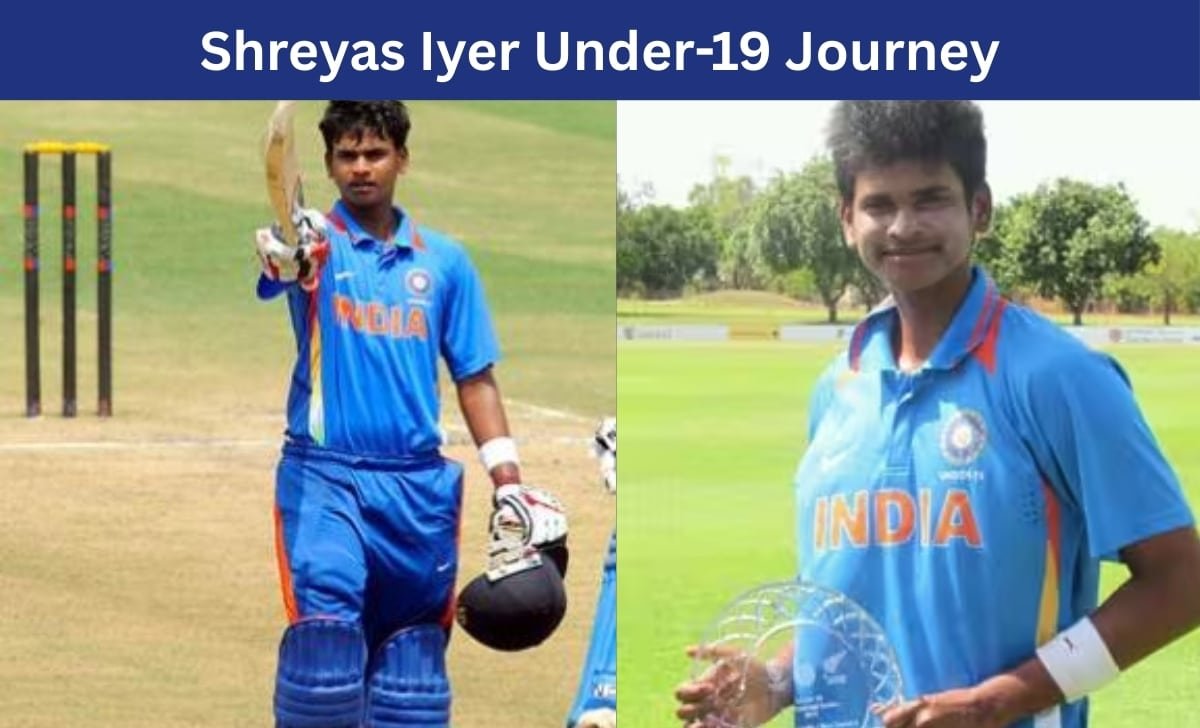 Shreyas Iyer representing India in the Under-19 World Cup, holding bat and award.