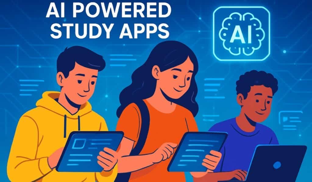 AI-powered study apps for students illustration showing students using tablets and laptops with holographic learning icons in a modern digital classroom