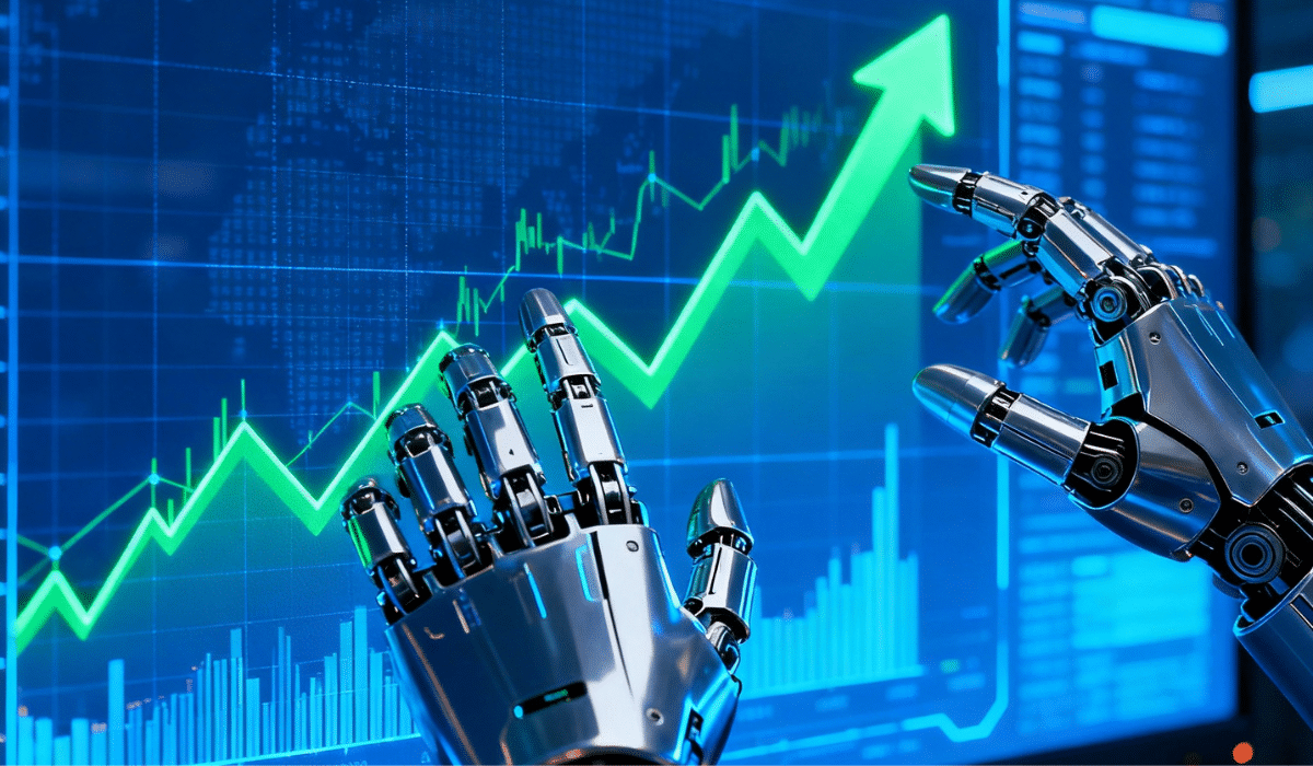 AI robot hands analyzing digital stock market charts with rising green arrows and financial data on multiple screens