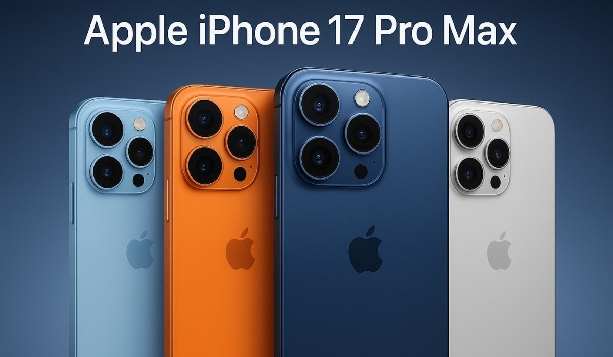 Apple iPhone 17 Pro Max in Sky Blue, Orange, Titanium Blue, and Silver with triple-camera setup