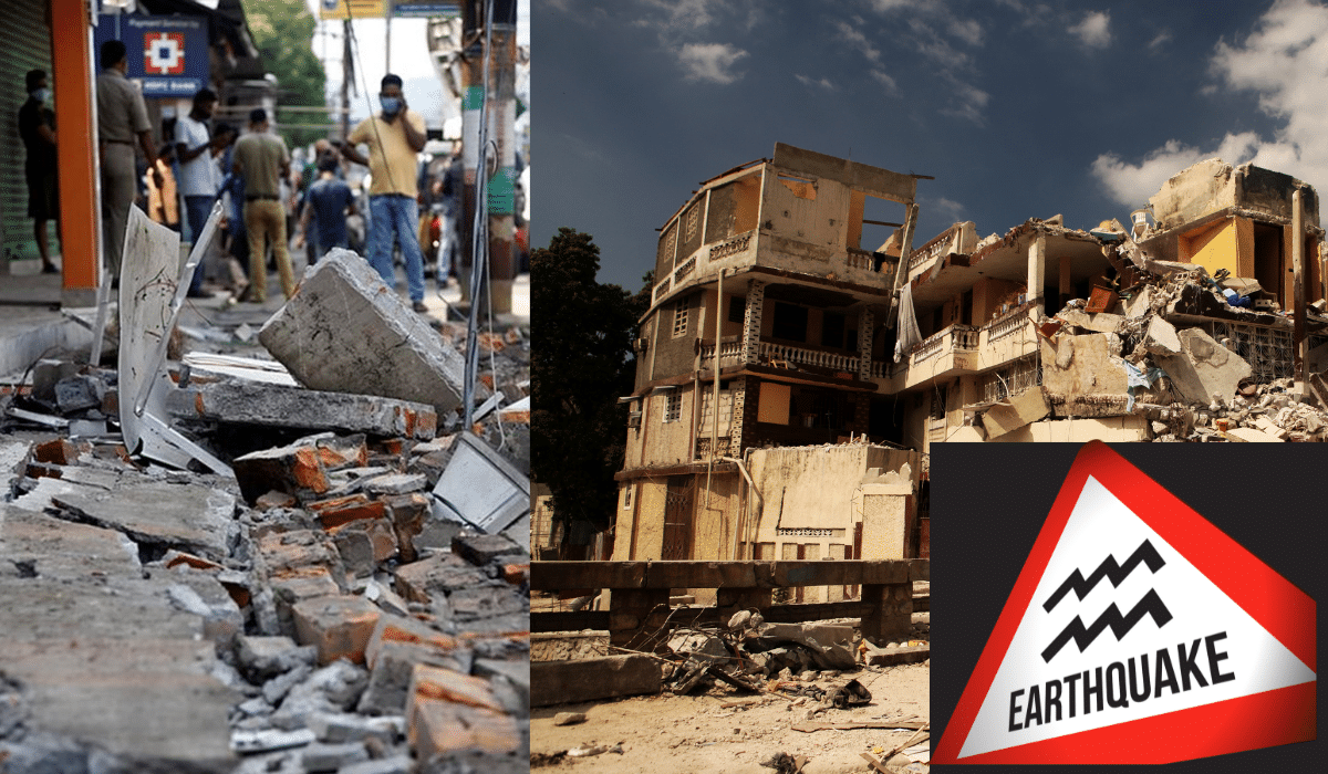 Assam earthquake 2025 damage with collapsed concrete structures debris scattered roads emergency responders aftermath