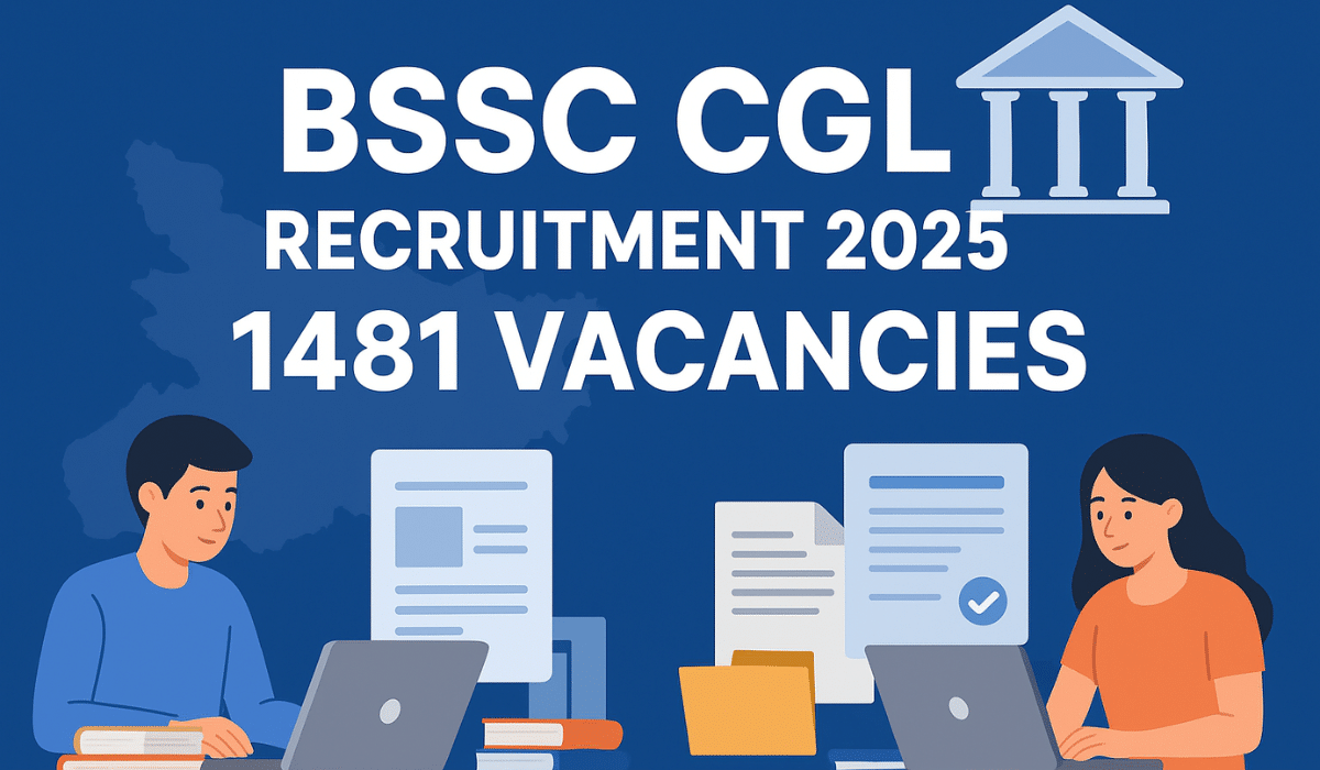 BSSC CGL Recruitment 2025 notification – 1481 vacancies, students applying online with Bihar map background