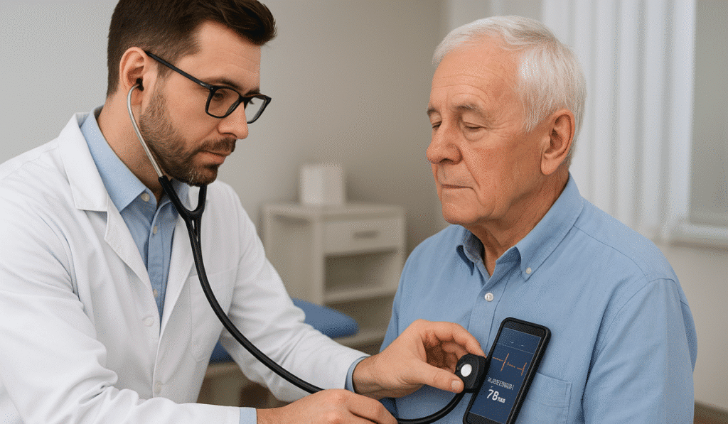 Doctor checking elderly patient with AI-powered stethoscope connected to smartphone showing heart readings