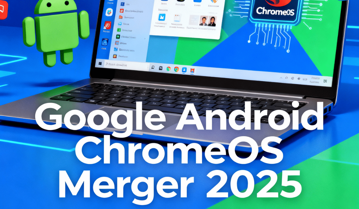 Google Android ChromeOS merger 2025 unified platform technology illustration with laptop interface