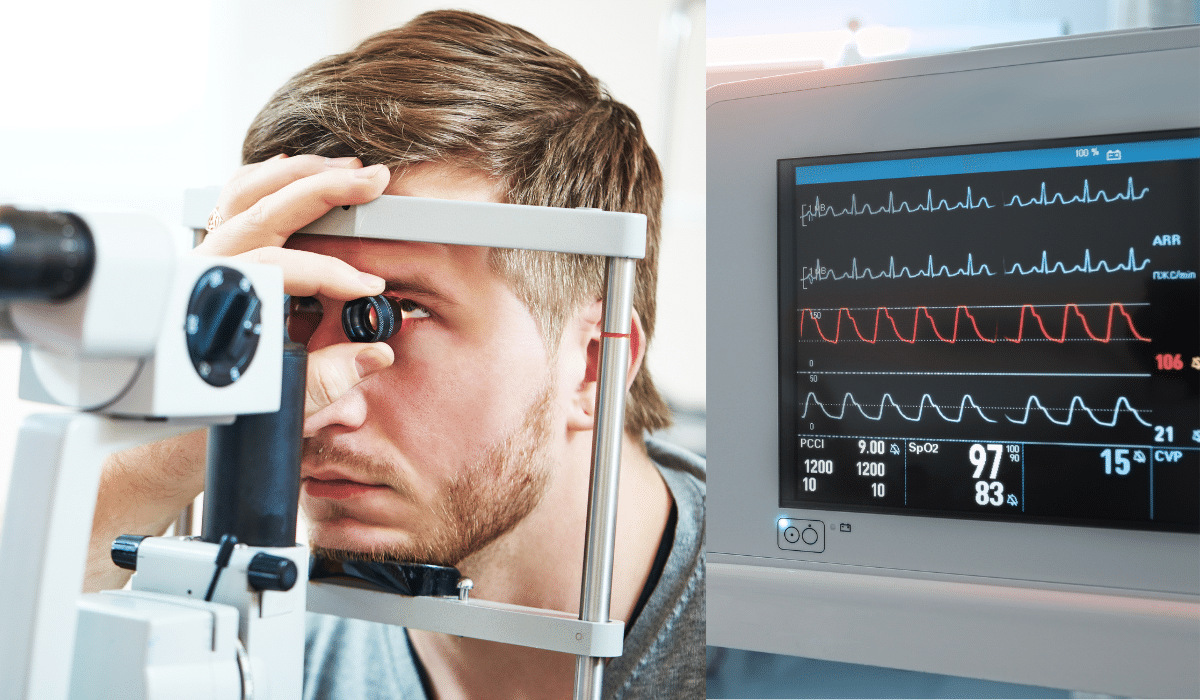 Medical examination showing an eye test with slit lamp and a patient monitoring system displaying vital signs.