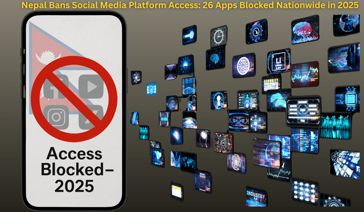 Nepal bans social media platform access shown on smartphone screen with blocked Facebook Instagram YouTube X icons and red prohibition symbol over Nepal flag background