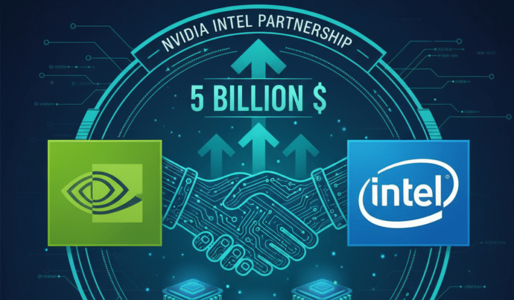 Nvidia Intel partnership 2025 featuring green Nvidia logo and blue Intel logo with $5 billion investment deal handshake graphic and semiconductor circuit board background