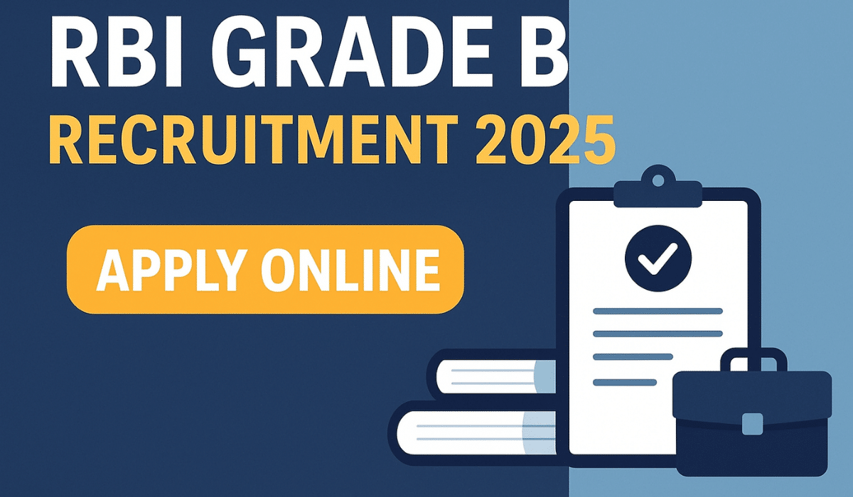 RBI Grade B Recruitment 2025 apply online notification graphic with books, clipboard, and briefcase illustration