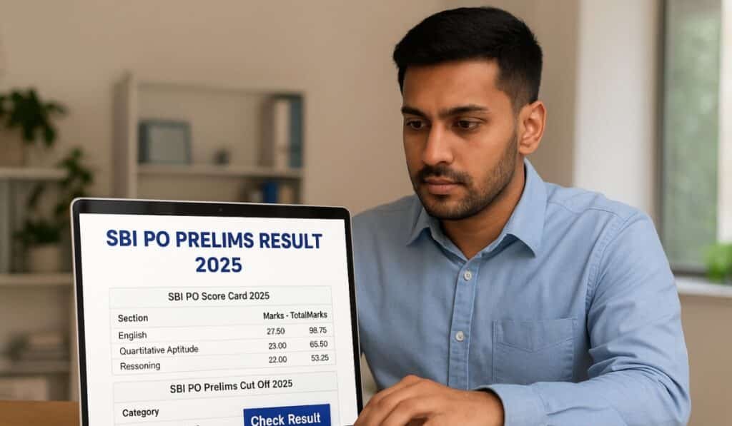 A candidate checking the SBI PO Prelims Result 2025 scorecard on a laptop.