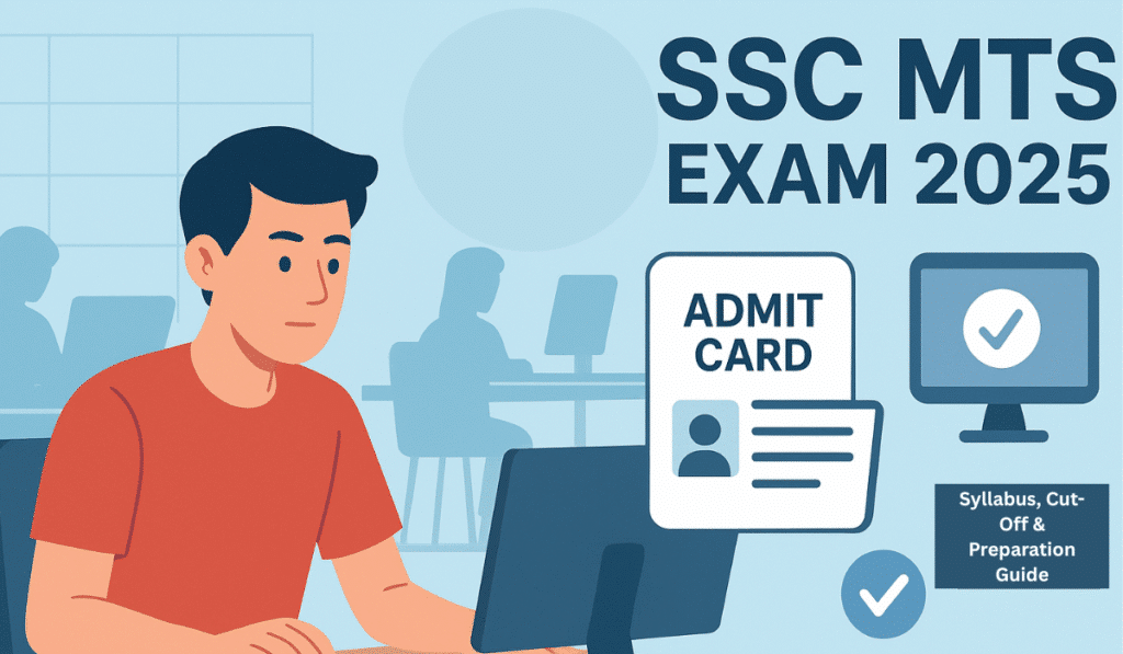 Illustration of SSC MTS Exam 2025 with admit card download, syllabus, cut-off, and preparation guide.