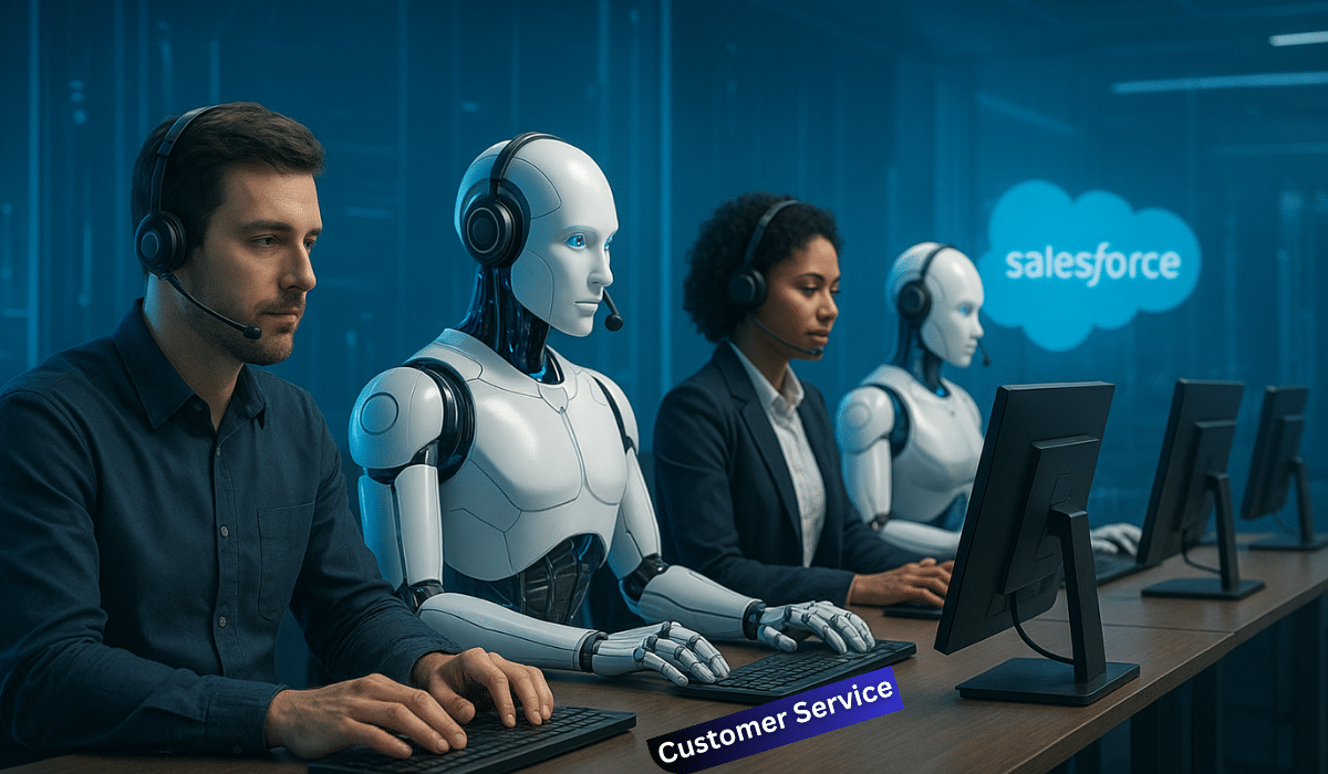 Salesforce cuts 4000 jobs as AI replacement - modern office showing human employees working alongside AI robots at customer service desks with Salesforce branding"