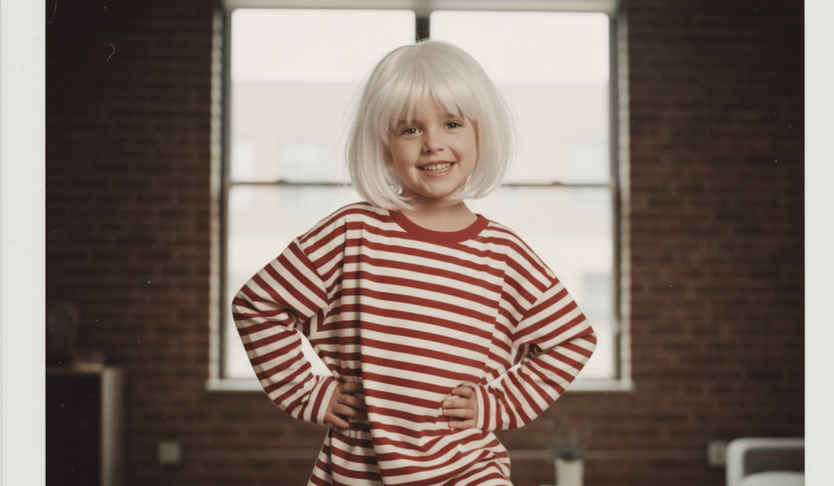 Stormi Webster blonde wig look inspired fashion moment with young girl in red striped shirt polaroid style photo