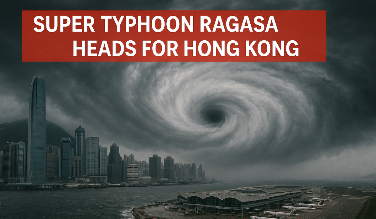 Super Typhoon Ragasa Hong Kong – storm clouds over skyline and airport ahead of record closure