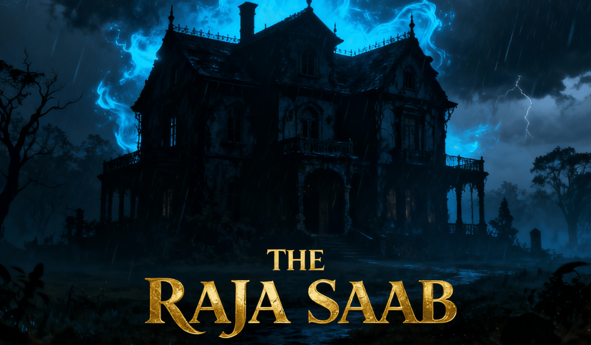 The Raja Saab movie poster featuring haunted Gothic mansion with supernatural blue lightning effects and golden title text against dark stormy sky