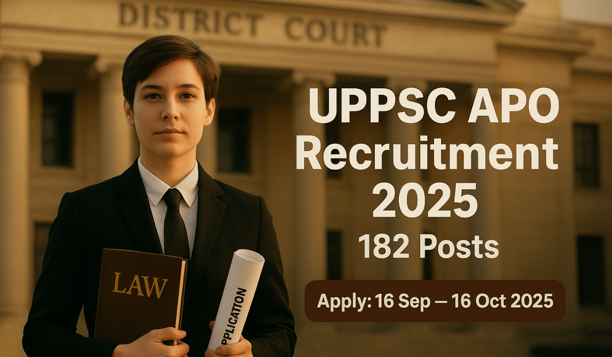 Young law graduate holding law book and application form in front of a district court building, representing UPPSC APO Recruitment 2025.