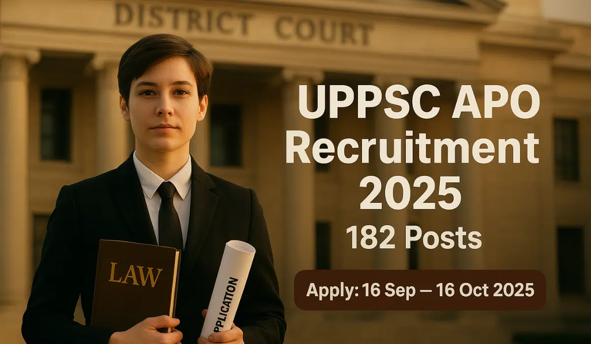 Young law graduate holding law book and application form in front of a district court building, representing UPPSC APO Recruitment 2025.
