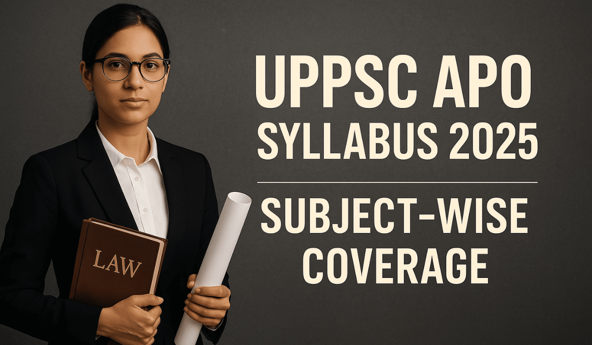 Indian law student preparing for UPPSC APO Exam 2025 with books and legal documents on desk.