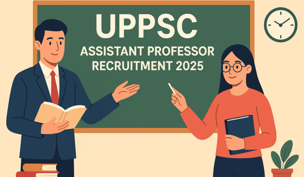 Illustration of male and female professors teaching in a classroom with UPPSC Assistant Professor Recruitment 2025 text on chalkboard.