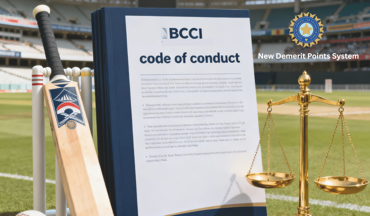 BCCI Code of Conduct handbook with cricket bat stumps and scales of justice showing new demerit points system for 2025