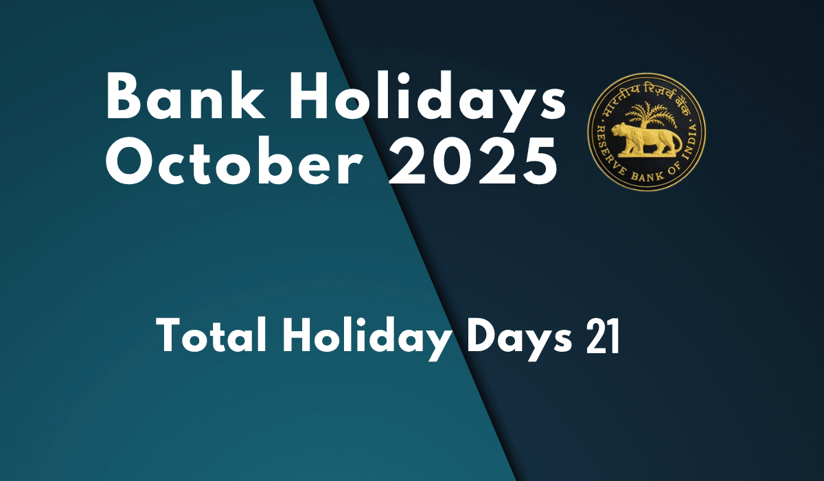 Bank holidays October 2025 calendar showing 21 total closure days including Gandhi Jayanti Durga Puja and Diwali festivals
