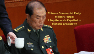 Chinese military general in PLA uniform during Communist Party meeting representing the historic military purge of nine top generals