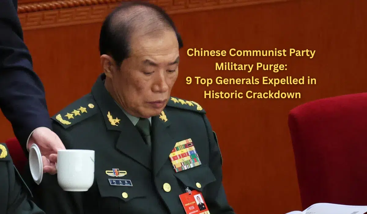 Chinese military general in PLA uniform during Communist Party meeting representing the historic military purge of nine top generals