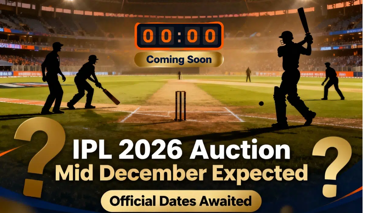 IPL 2026 auction date announcement with cricket stadium background showing countdown timer and player silhouettes