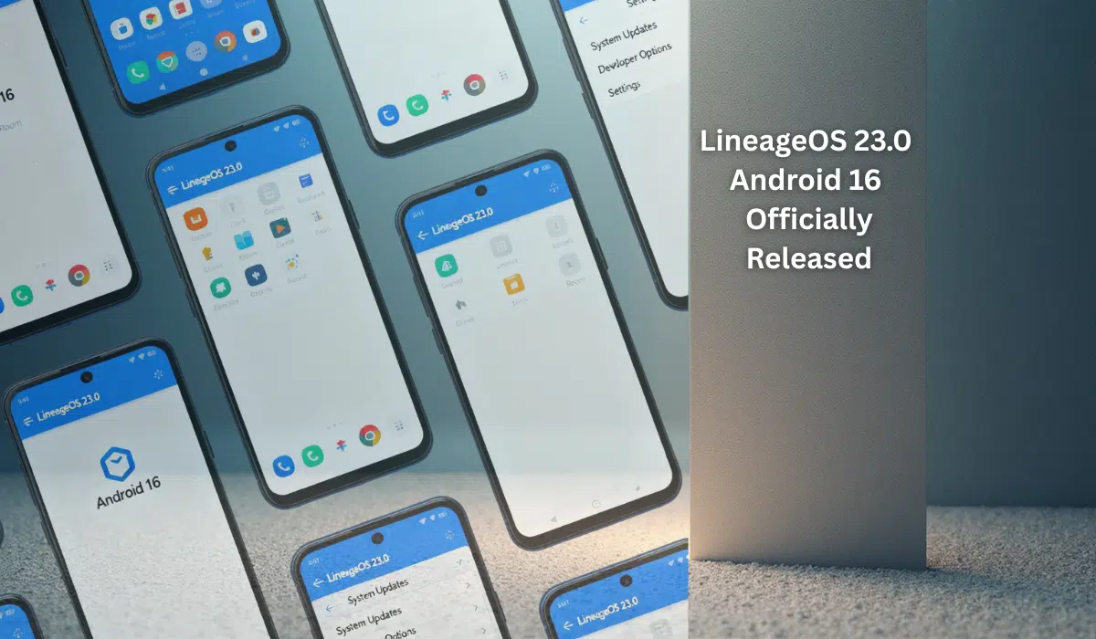 LineageOS 23.0 Android 16 running on multiple supported smartphones showing custom ROM interface and settings