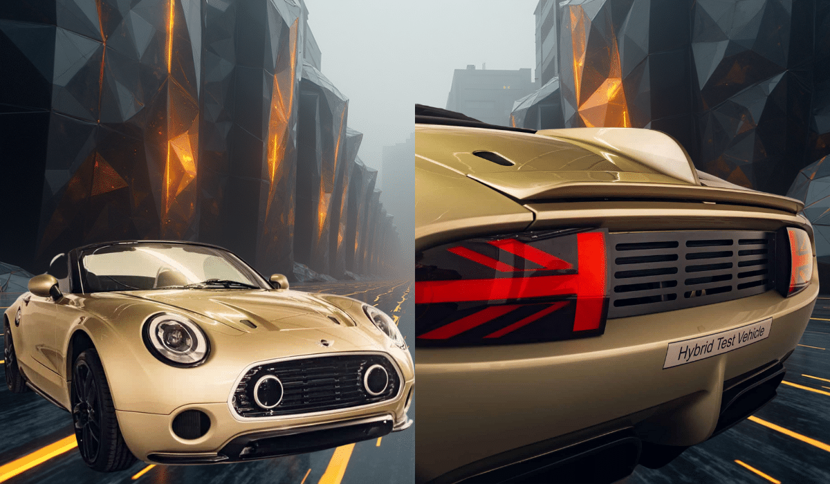 Gold Mini Superleggera hybrid prototype with Union Jack tail lights and production-ready design feature