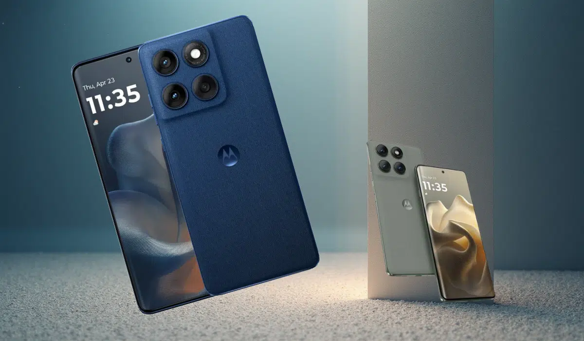 Motorola Edge 60 Pro smartphones in blue and gray colors showing curved display design and quad camera setup specifications 2025